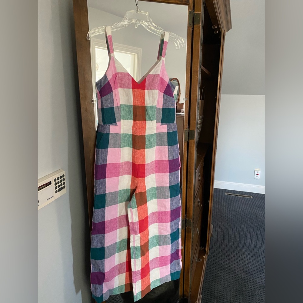 Boden Lola Strappy Linen Check Jumpsuit NWT Size 6 R